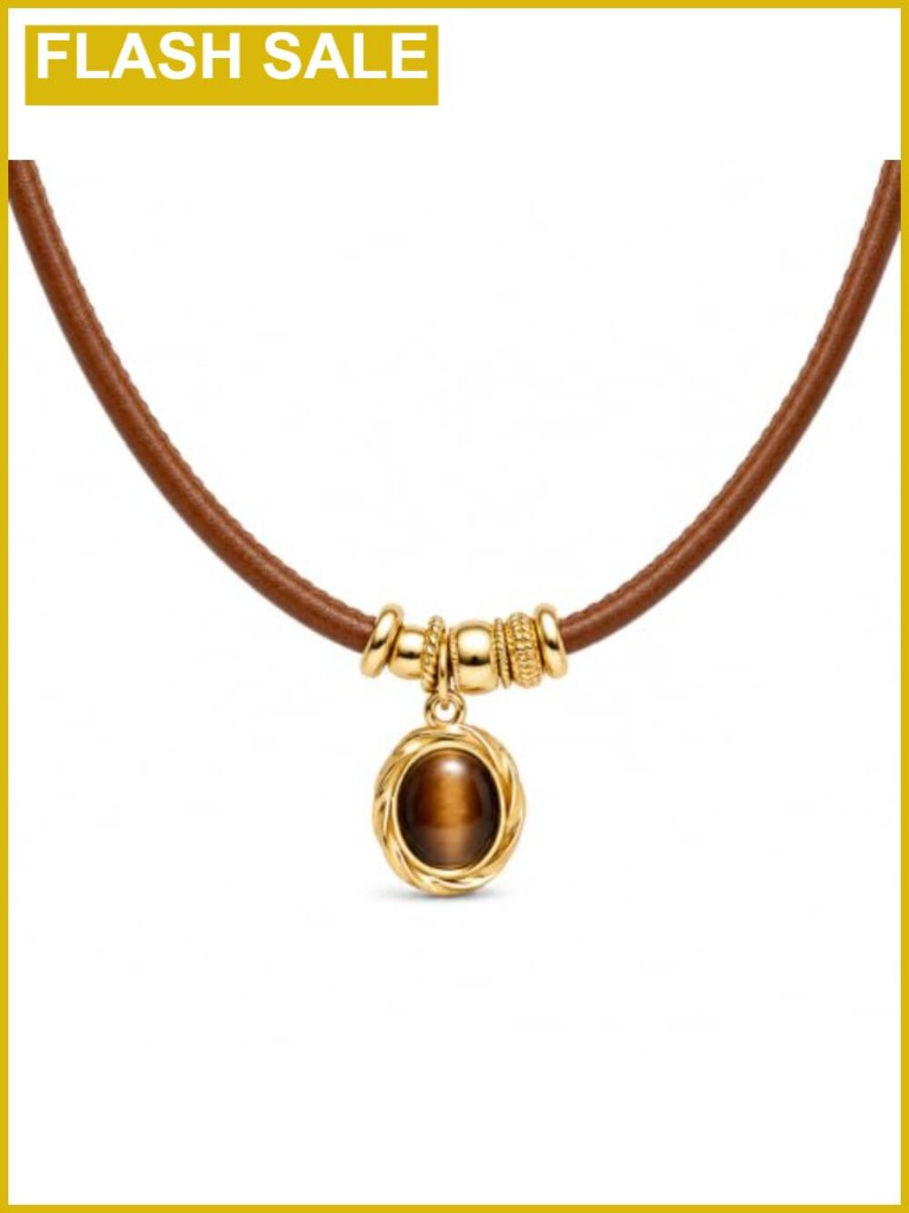 Tigers Eye Pendant Faux Leather Cord Necklace Stainless Steel Boho Statement